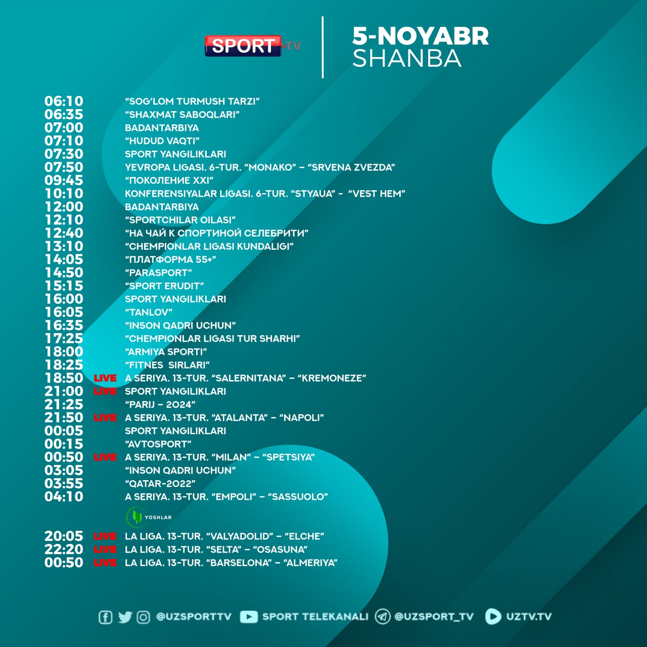 Спорт телеканали жонли. Sport TV dasturlar bugun. 7 Сентября 2022. My5 yangliklar dasturi. Yoshlar telekanali logo.