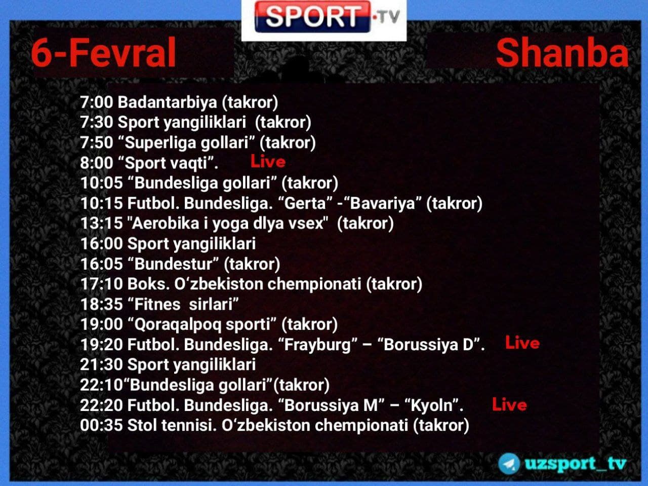 Программа канала ташкент. Uz Sport TV e2 fevral ko‘rsatuvlar dasturi. 2022 19 Fevral fudbol TV korsatuvlar dasturi. Sport telekanali 25 fevral ko'rsatuvlar tartibi. Yoshlar TV 2014 ko'rsatuvlar.